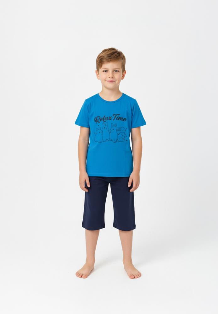 Pijama copii cu maneca scurta si pantaloni 3/4,culoare albastru,Engros